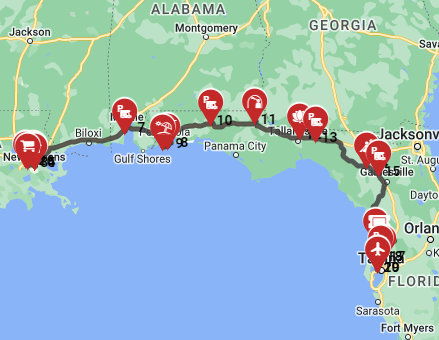 Map for New Orleans to Tampa Short version